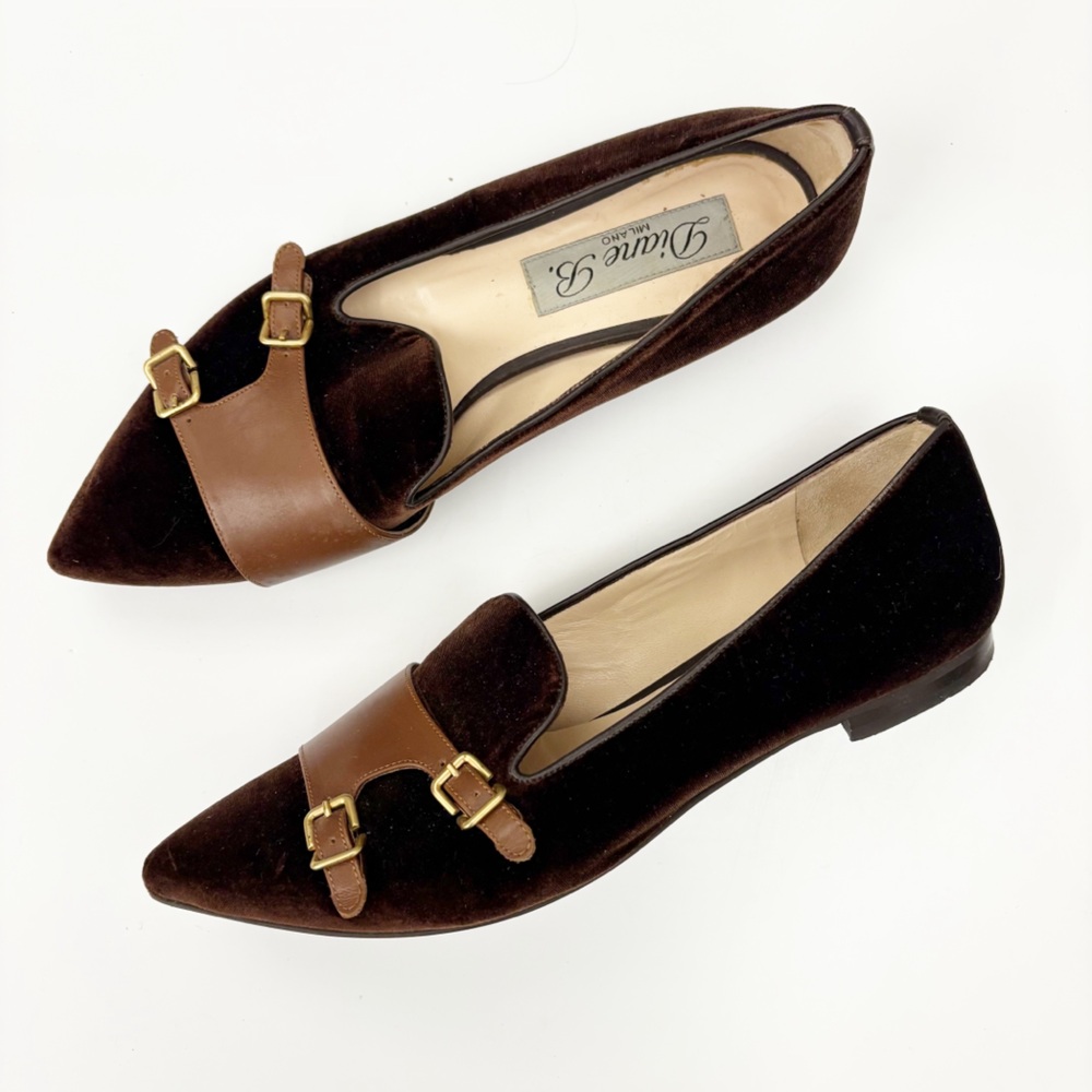Diane B‎ || Velvet Monkstrap Flats Point Brown